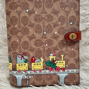 COACH Notebook In Signature Canvas Brass/Tan with Holiday Train- New